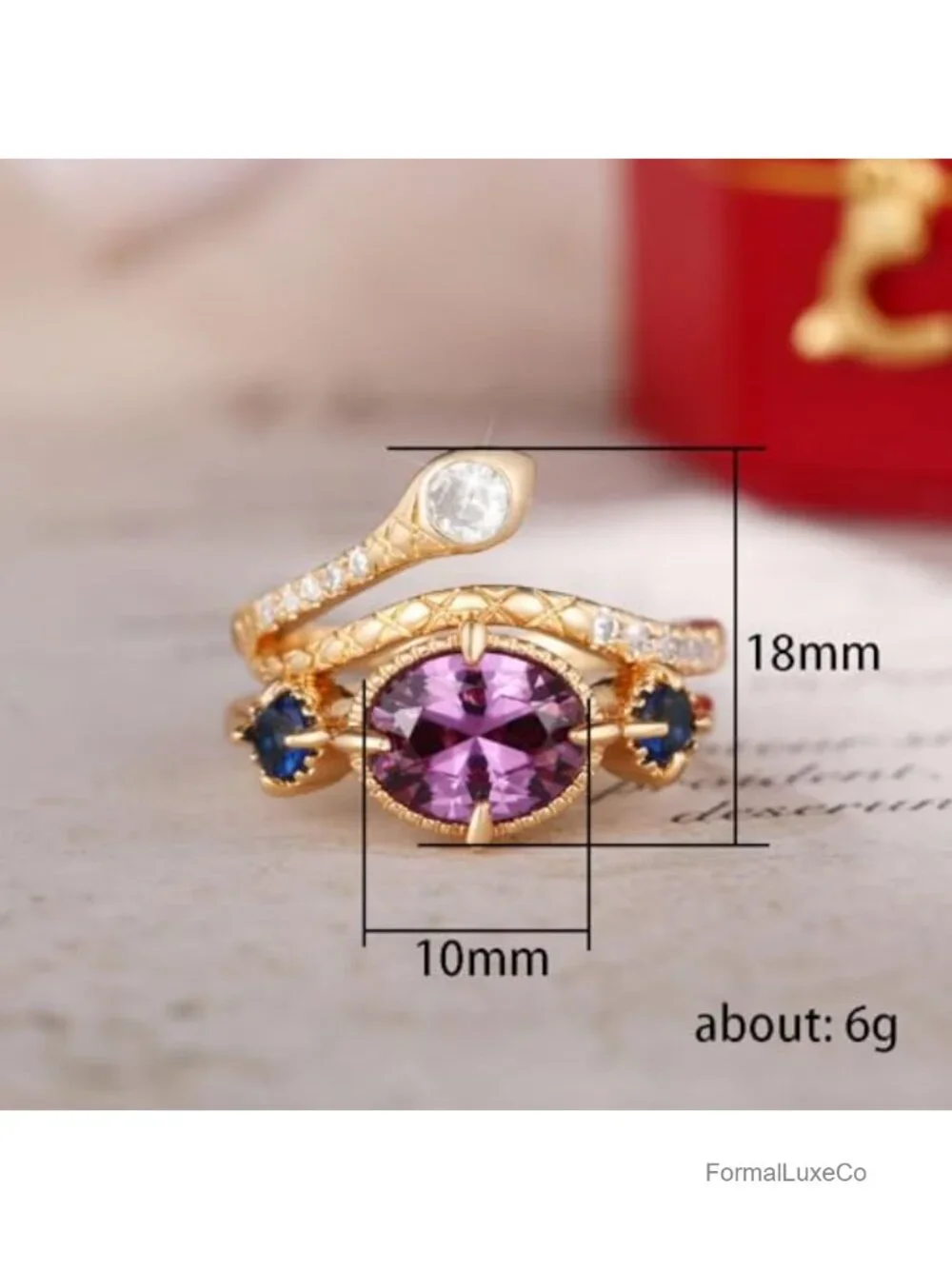 18k Gold Artistic Retro Copper Ring with Amethyst Sapphire Zircon Snake Shaped